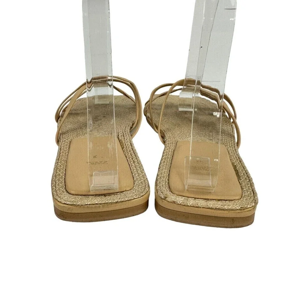 Zara Sheos Womens Size 38 Beige Square Toe Strappy Flat Sandals Jute 7.5 US READ - Picture 8 of 16